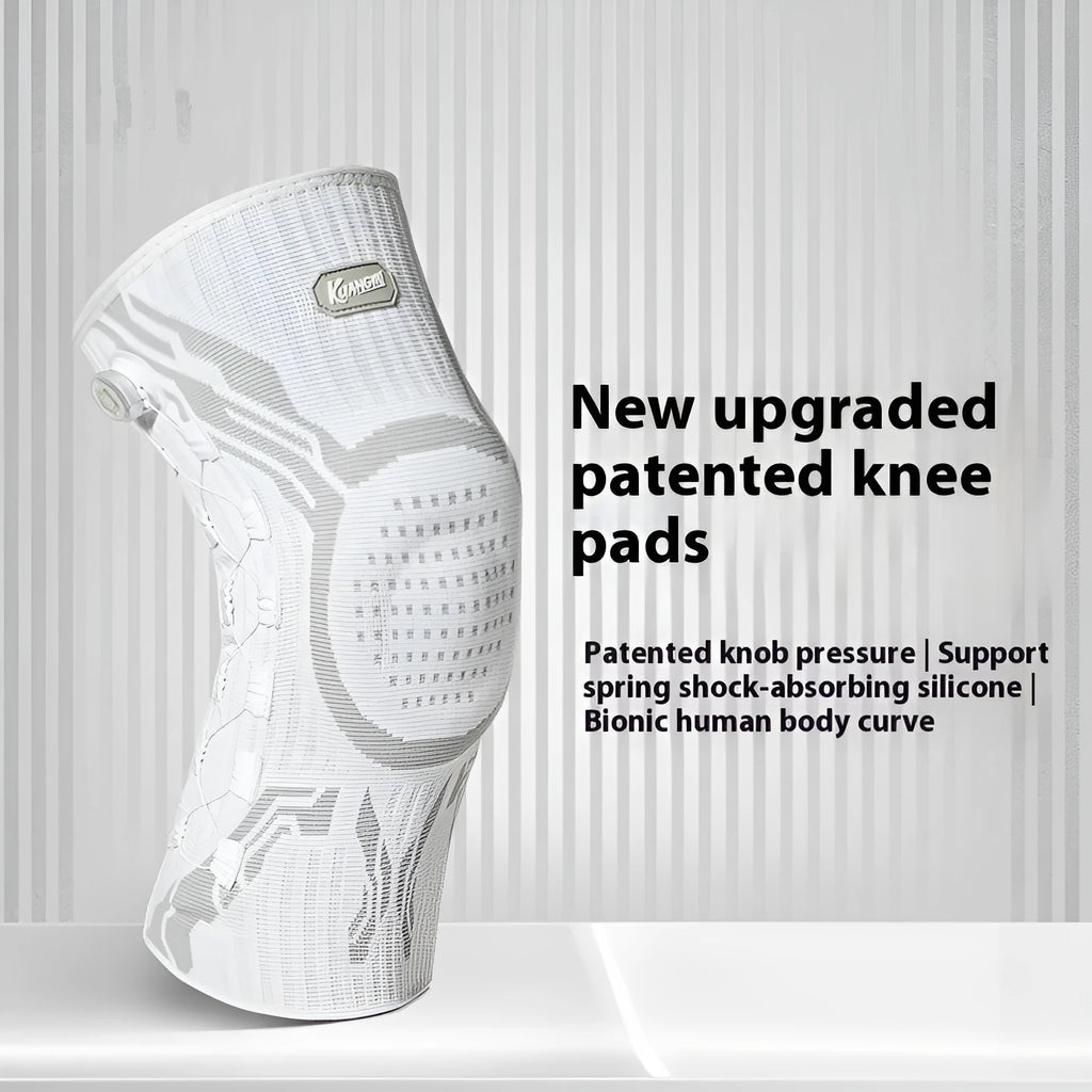 Grey and white sports knee pads for left and right knee, shown with size tags M, L, and XL.