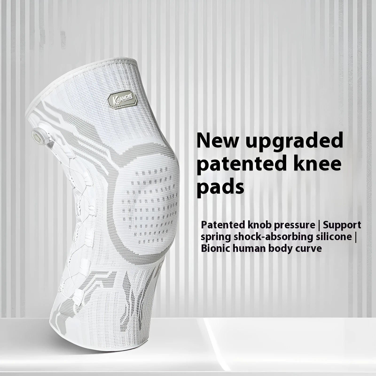 Grey and white sports knee pads for left and right knee, shown with size tags M, L, and XL.