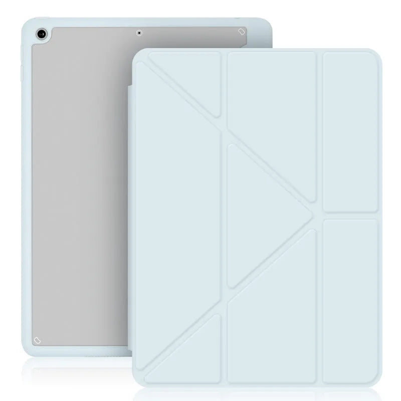iPad protective case with Y-folding bracket design showing pen storage slot and imitation leather finish