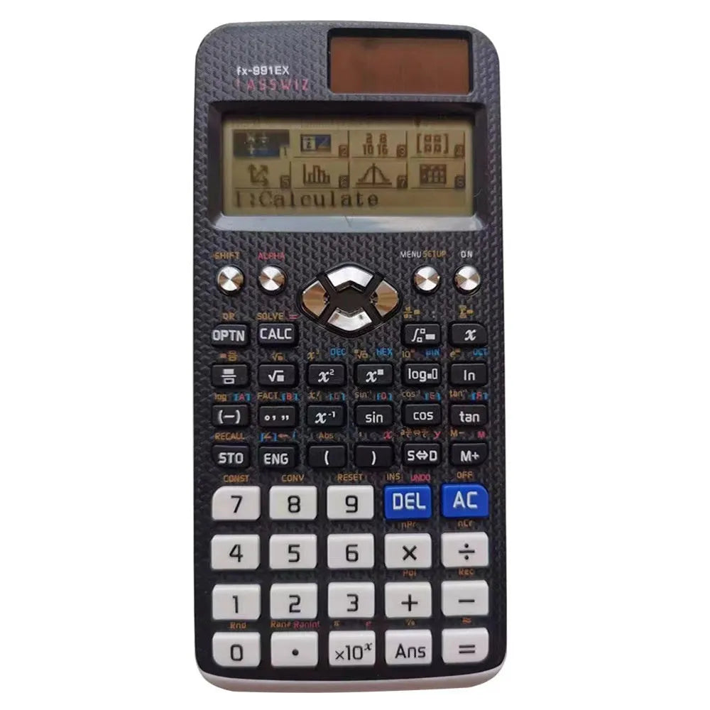 Casio 991EX solar-powered scientific calculator in black, blue, or pink for statistics and engineering