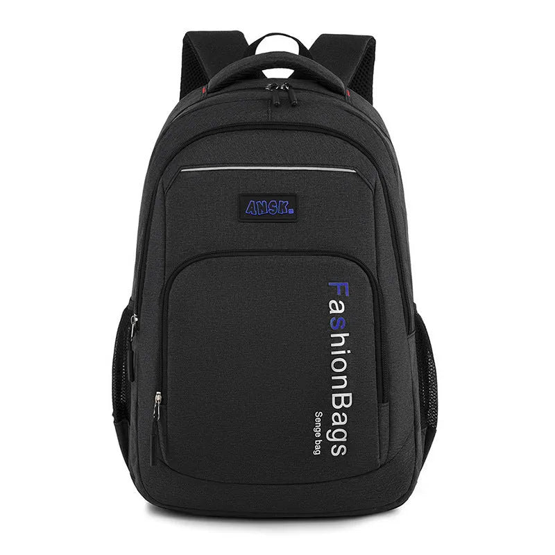 Nylon backpack in four colour options showing multiple compartments including laptop sleeve and breathable shoulder straps