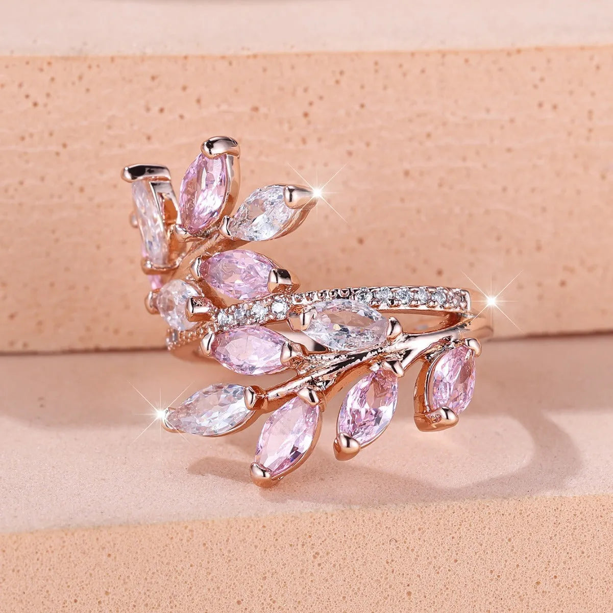 Adjustable horse eye zircon leaf ring in multiple colour options including platinum white and rose gold finishes