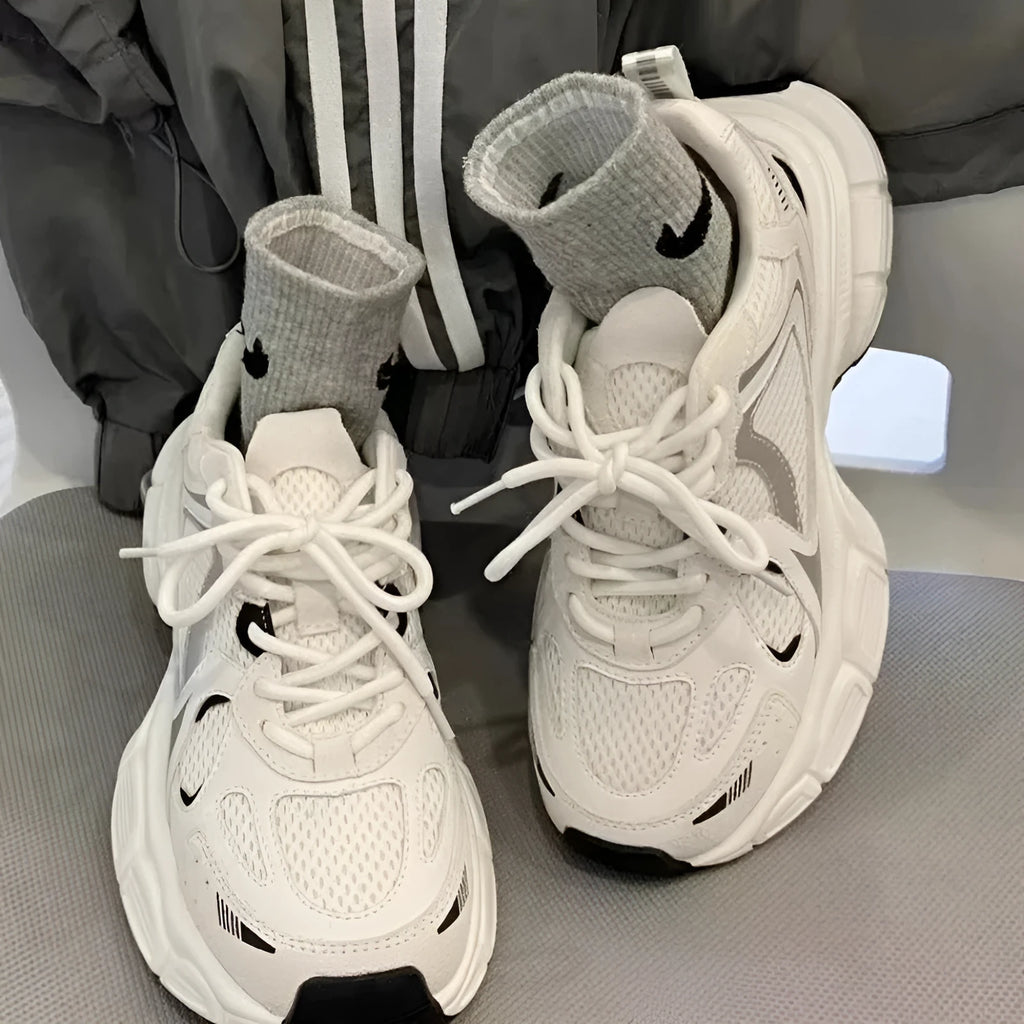 Beige mesh platform sports shoes with a wedge heel and front lace-up design