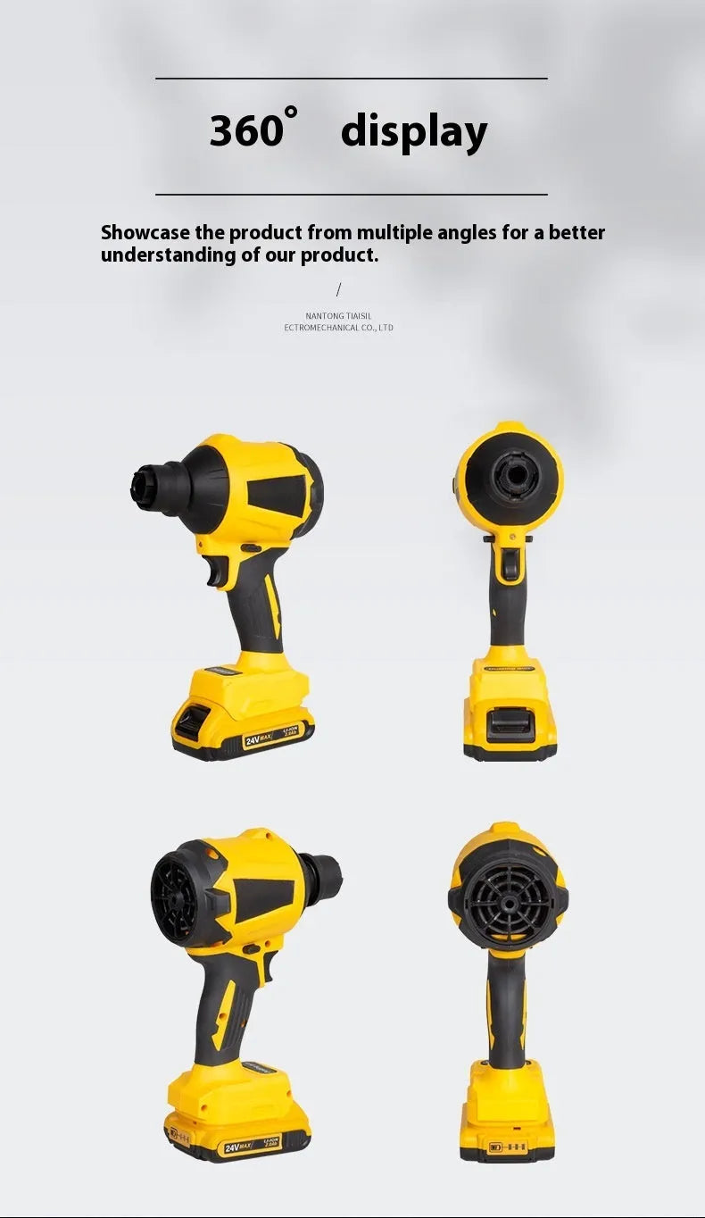 Yellow handheld lithium battery dust gun blower for office and home cleaning.