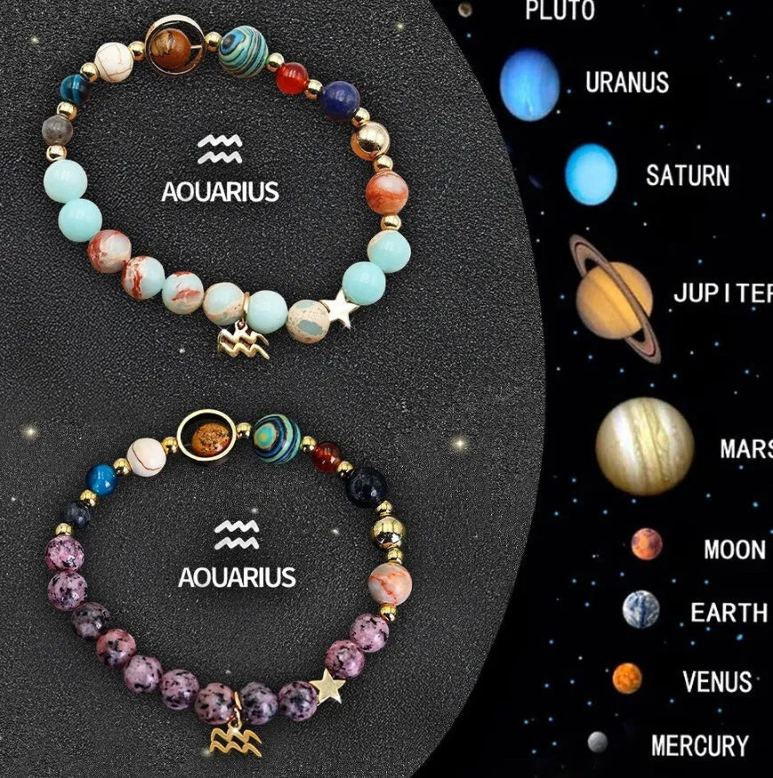 Set of twelve beaded bracelets with natural stone beads and sterling silver zodiac charms on a dark background.