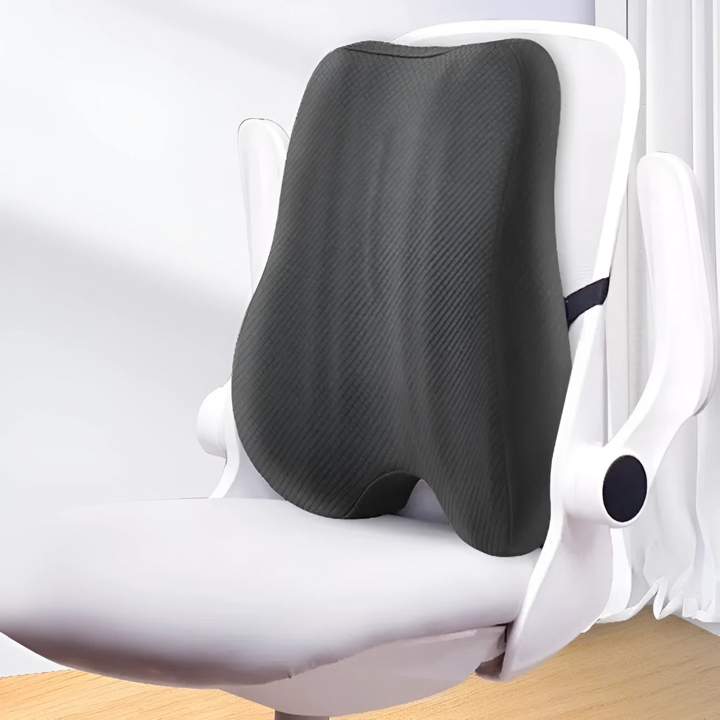 Grey lumbar support cushion for office chair, dimensions 40cm by 40cm by 8cm thick.