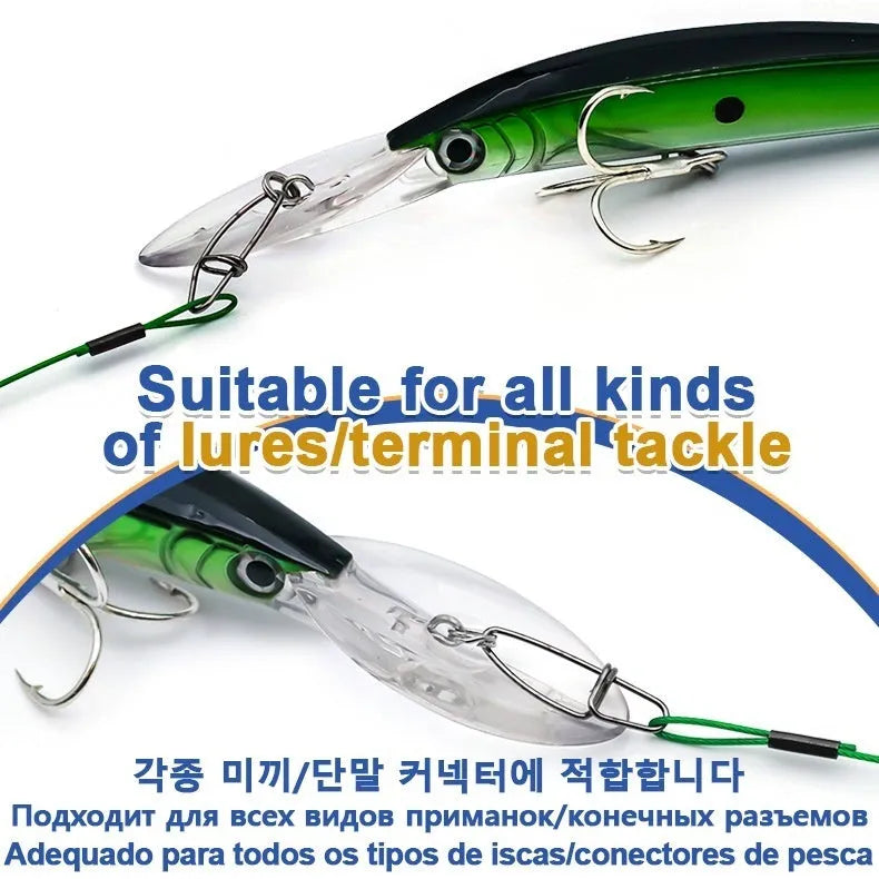 Set of 10 green, black, and red steel wire fishing accessories with double buckle pins, each 54cm long.