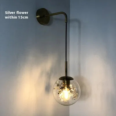 Glass shade wall lamp in golden or silver finish with 15cm or 20cm diameter for bedroom lighting