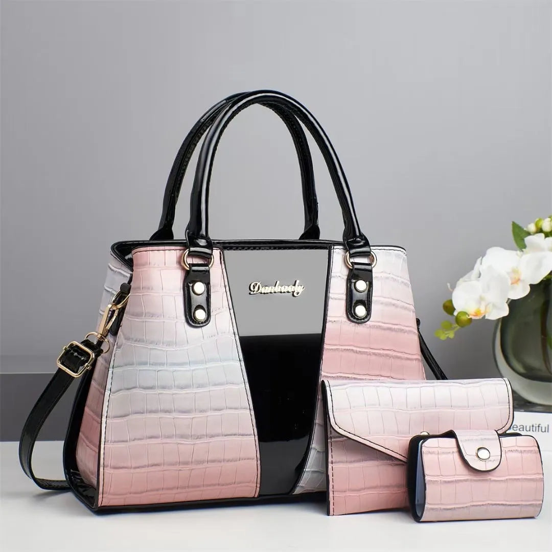 Women's crocodile stitching three-piece shoulder bag set in PU, showing main bag, smaller bag, and card bag.