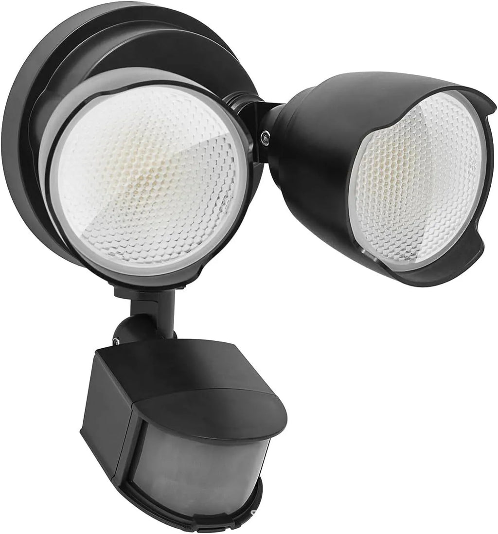 White outdoor LED security flood light with motion sensor showing dimensions 200x195x168mm