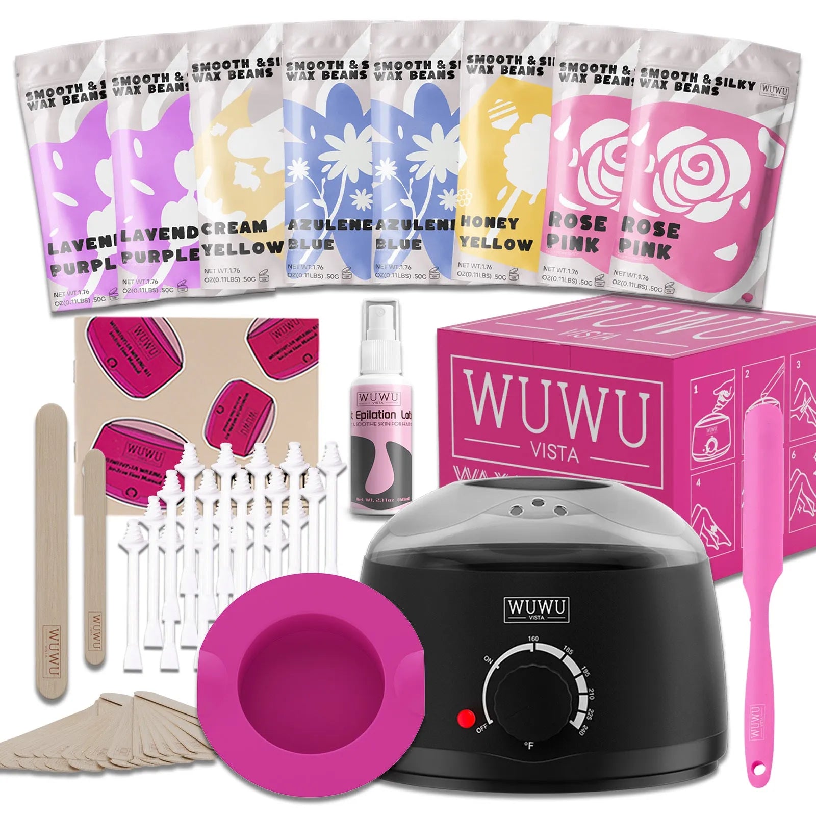 WUWUVISTA 63-piece hard wax hair removal kit with pink wax warmer, wax beans, and silicone tools