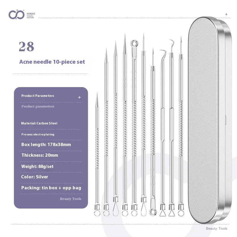 Four-piece metal acne needle set with ultra-fine pointed tips for blackhead removal