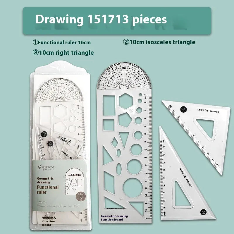 Transparent acrylic drawing ruler set with protractor for technical drafting and geometry