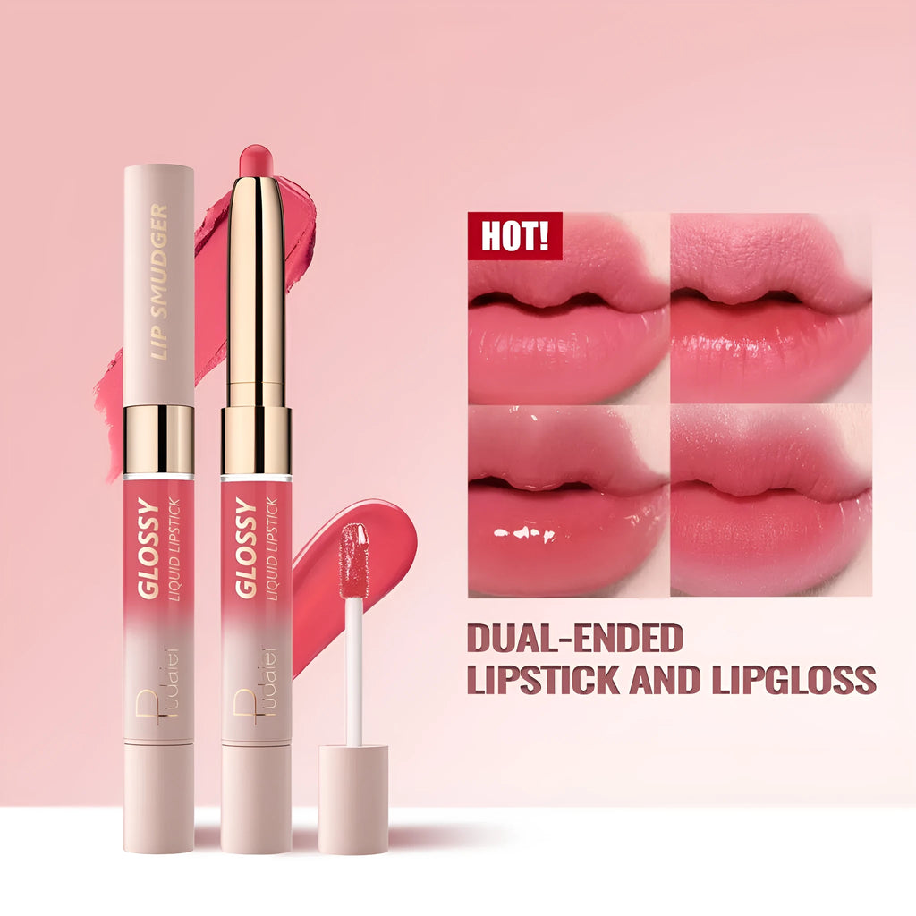 Double-headed lipstick lip gloss in matte finish showing ten different colour options from 01 to 10.