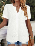 White loose V-neck short sleeve T-shirt with a hollow-out design detail.