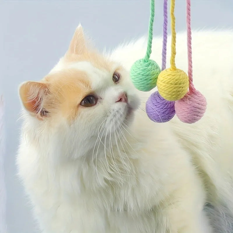 Colourful cat toy ball with rope and bell in green pink purple yellow options