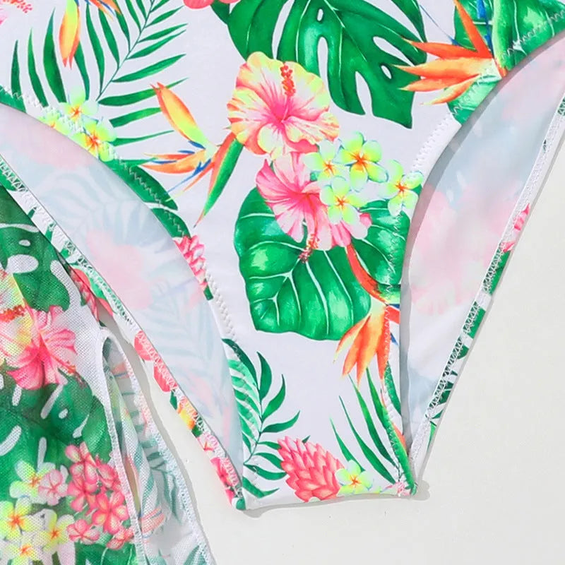 Girls' two-piece floral pattern swimsuit with polyester high elasticity fabric in available sizes