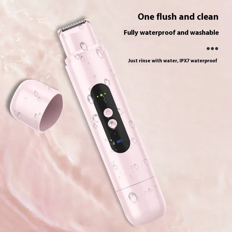 Pink and white portable electric hair trimmer with USB cable for body and armpit depilation