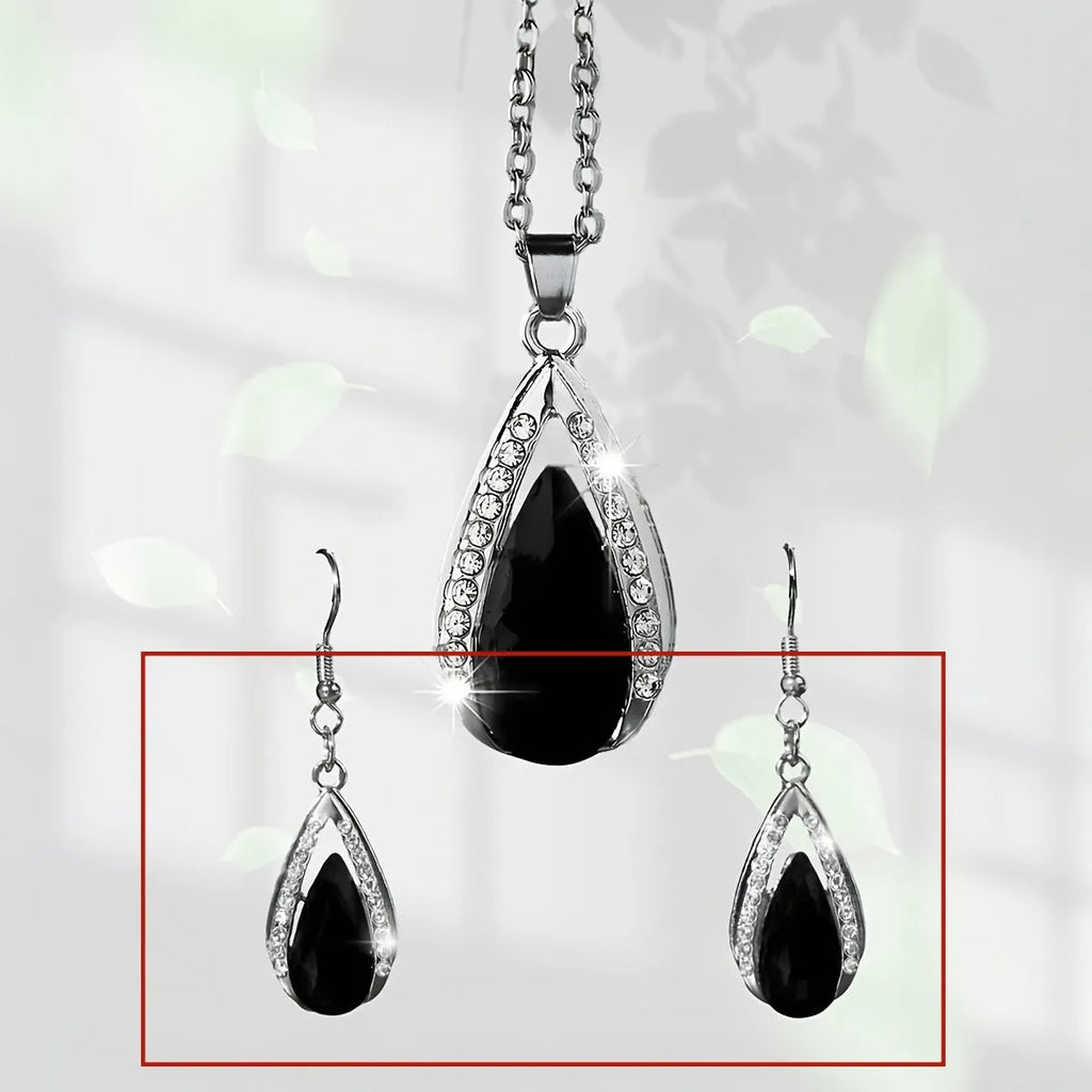 Black and red alloy teardrop glass pendant necklace and matching earrings set