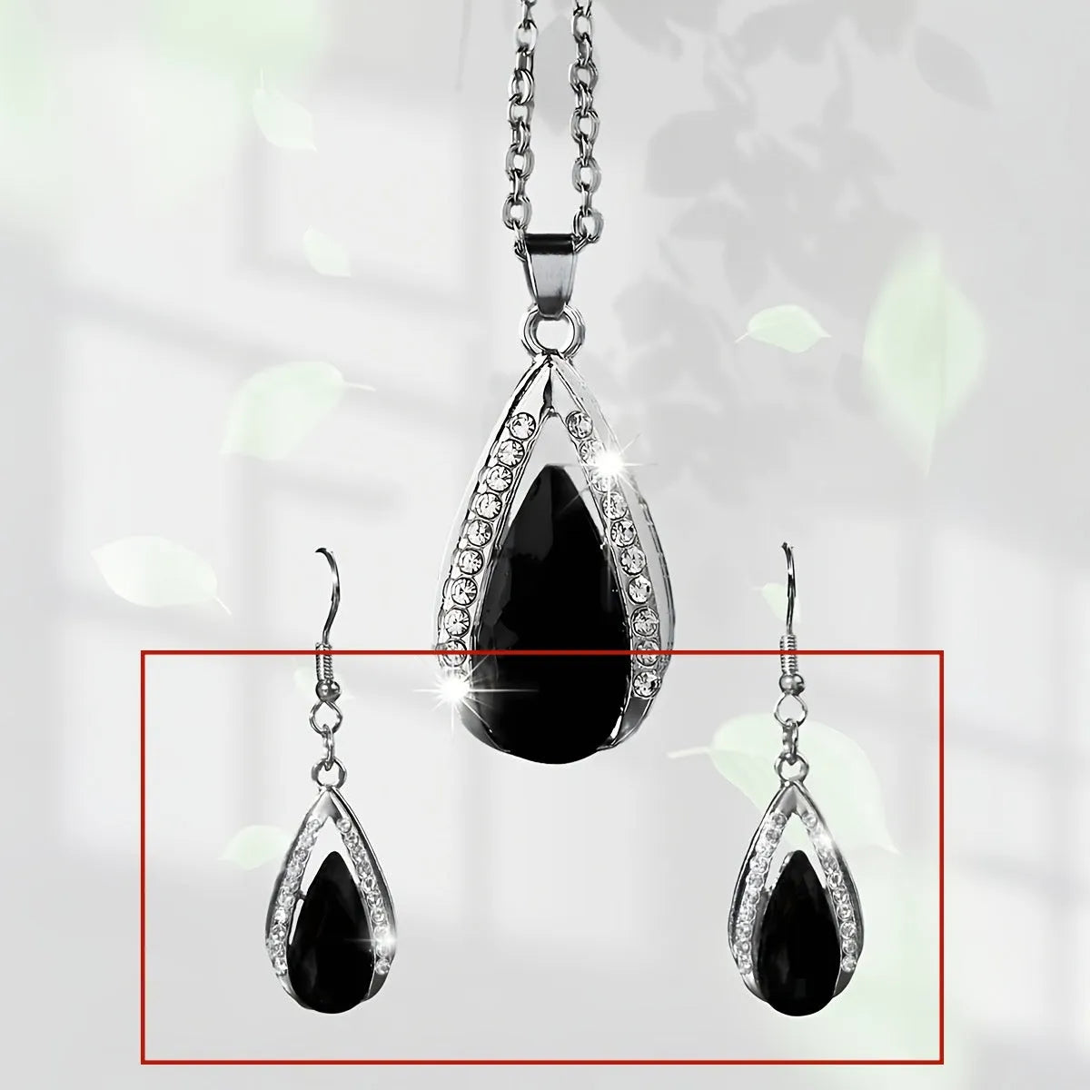 Black and red alloy teardrop glass pendant necklace and matching earrings set