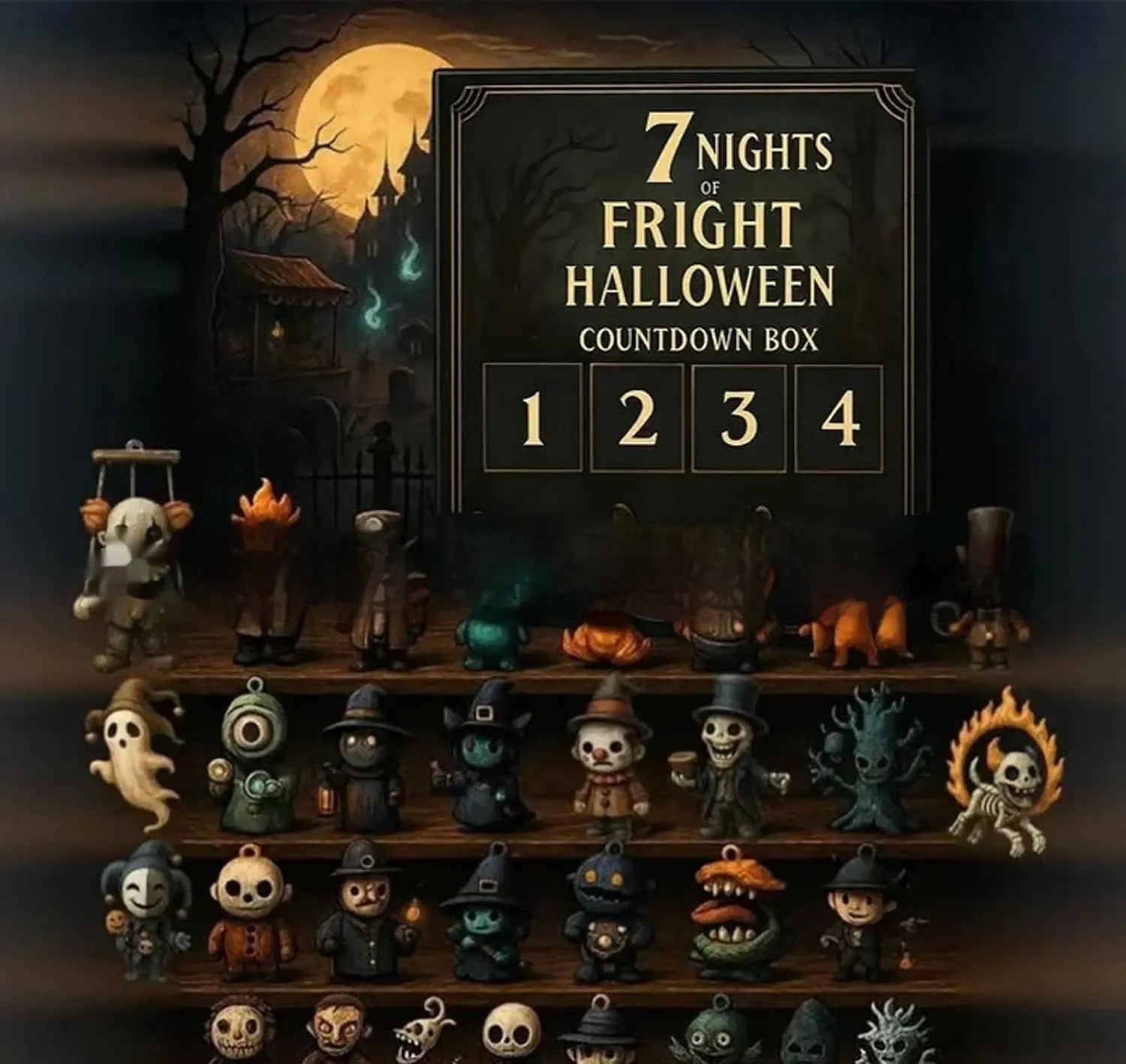 Halloween countdown advent calendar blind box with window displaying resin doll collectibles inside.