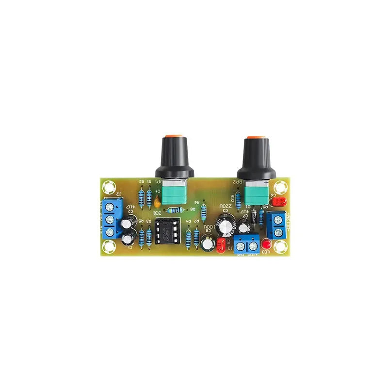 Single power supply 10-24V bass boost front stage circuit board on FR-4 fibreglass measuring 78x32mm
