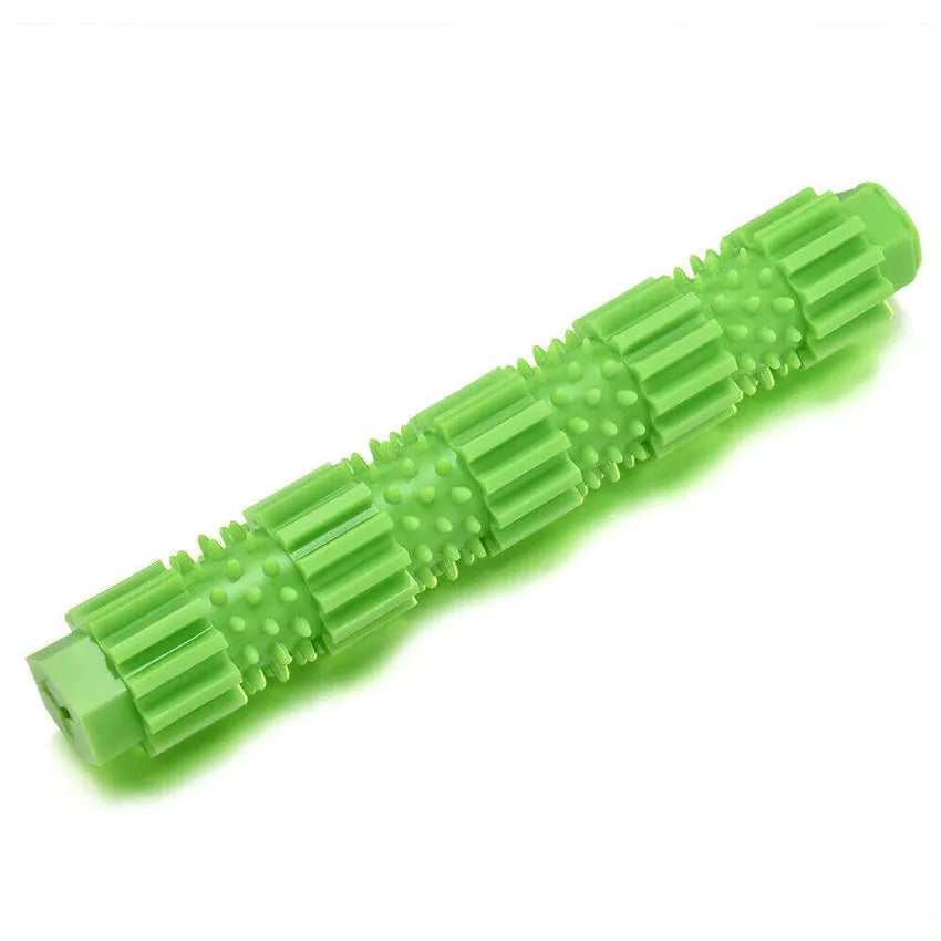 Green and orange durable rubber dog chew toy with textured surface for aggressive chewers.