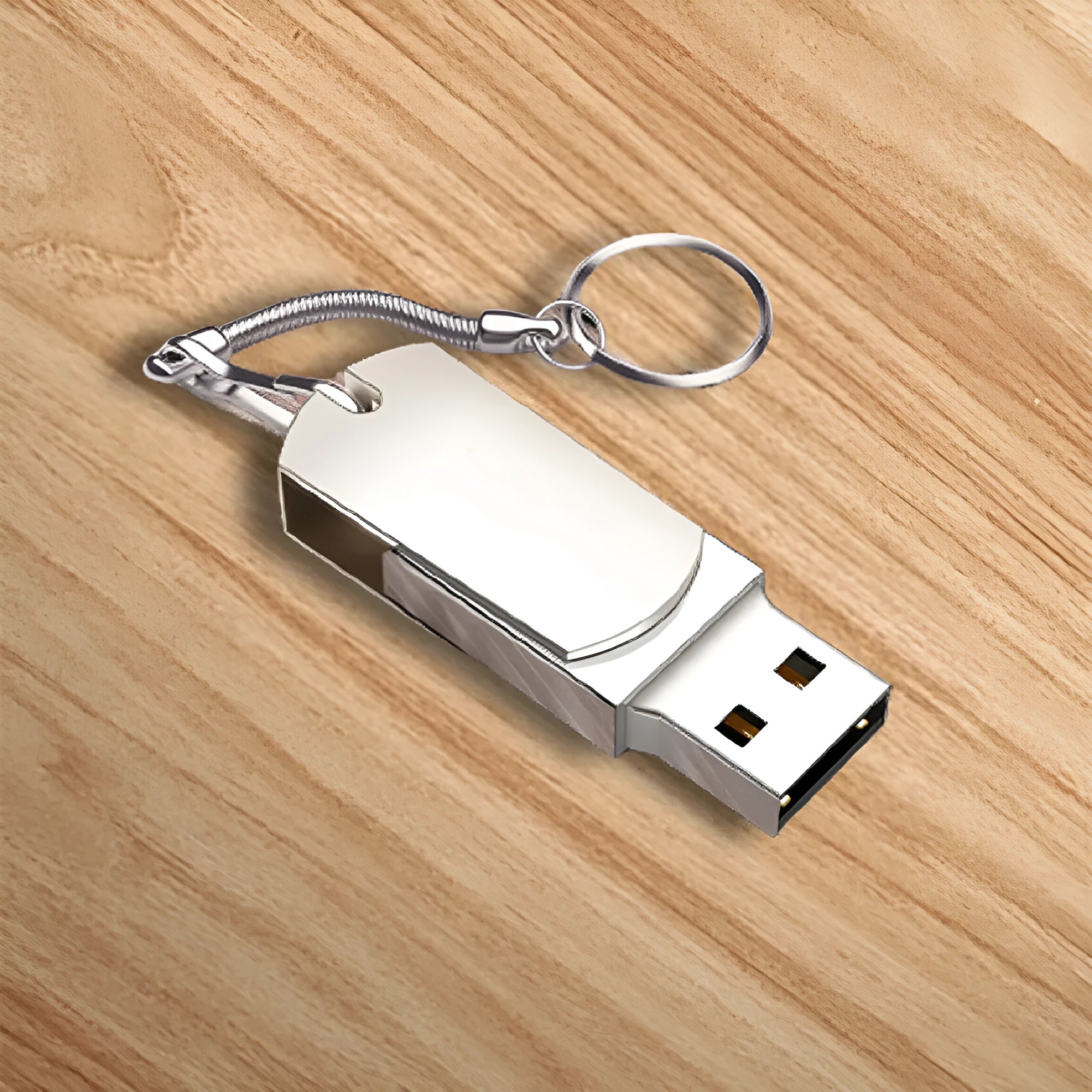 White small fat USB flash drive with rotating metal casing showing 16GB capacity