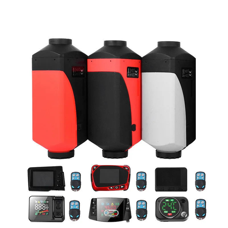 Red and black diesel air heater kit for vehicles with fuel tank and installation components.