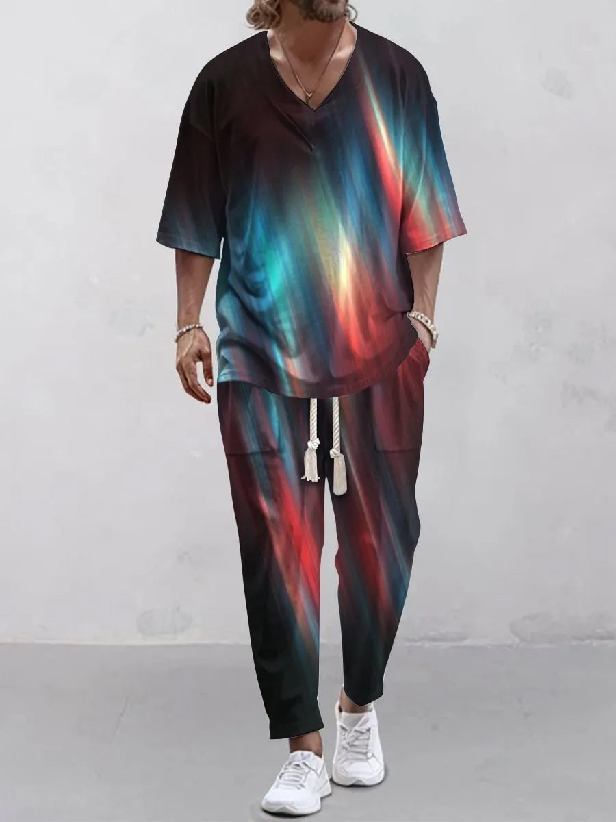 Cropped sleeve V-neck trousers suit set in thin polyester fabric on a hanger.