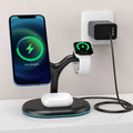 Black three-in-one magnetic wireless charger with ABS construction showing charging surface