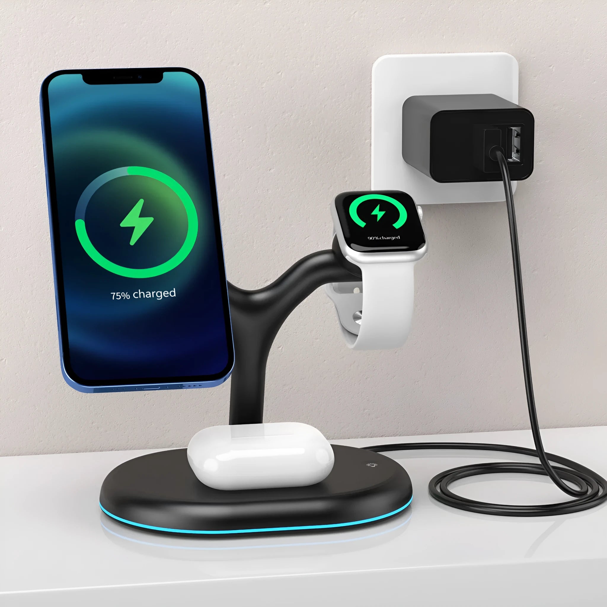 Black three-in-one magnetic wireless charger with ABS construction showing charging surface