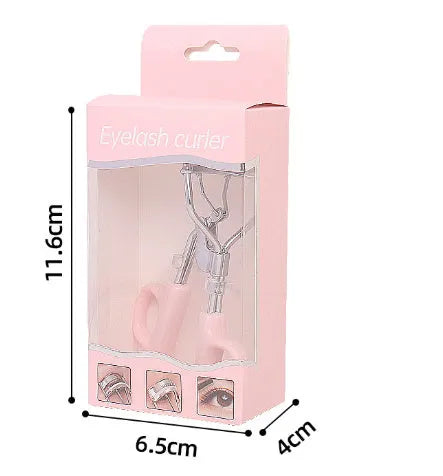 A4 chrome scissors handle eyelash curler with tail, shown in pink and purple colour options.