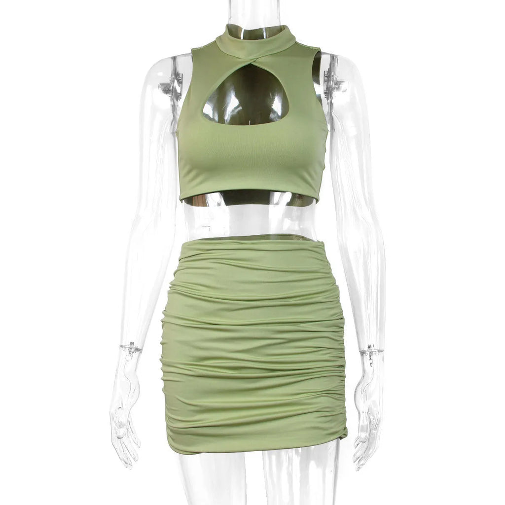 Women's light purple two-piece summer set with hollow vest and matching skirt