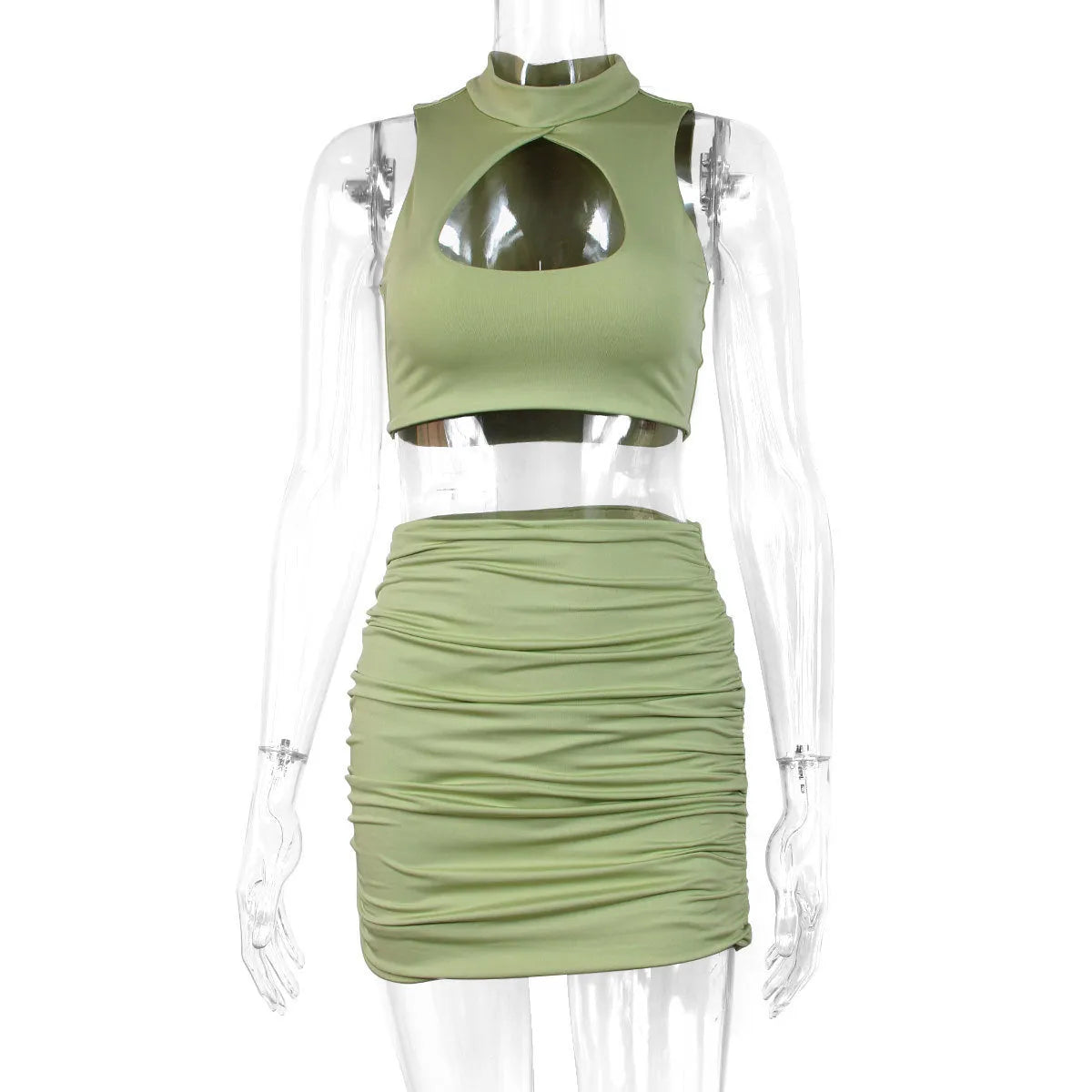 Women's light purple two-piece summer set with hollow vest and matching skirt