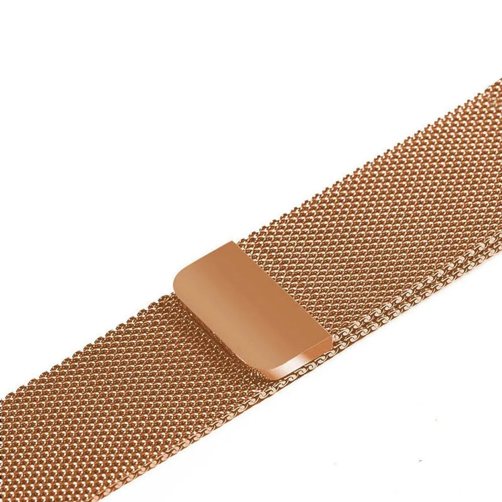 Stainless steel watch replacement strap in silver on a grey background showing adjustable links and buckle.