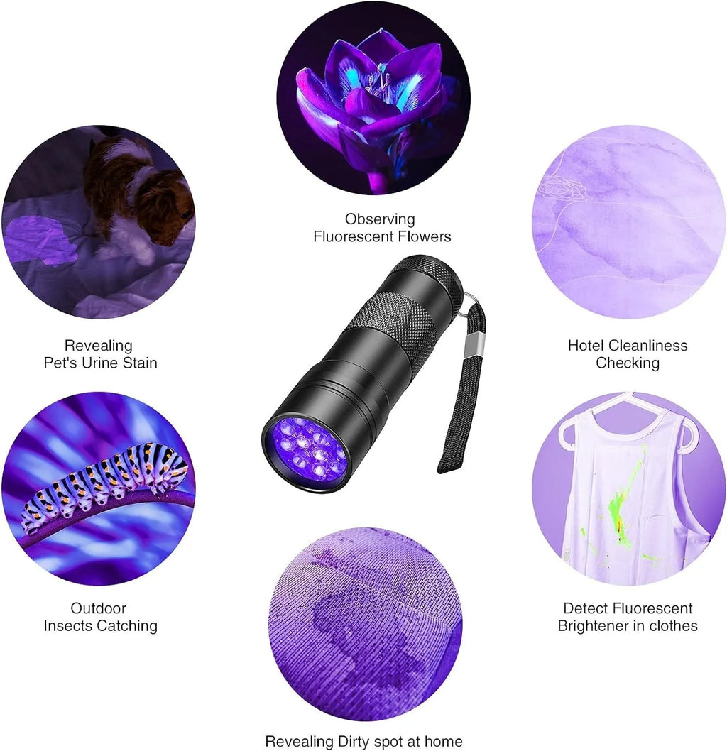 Black aluminium alloy UV flashlight for detecting pet urine stains and pests with 395-400nm wavelength