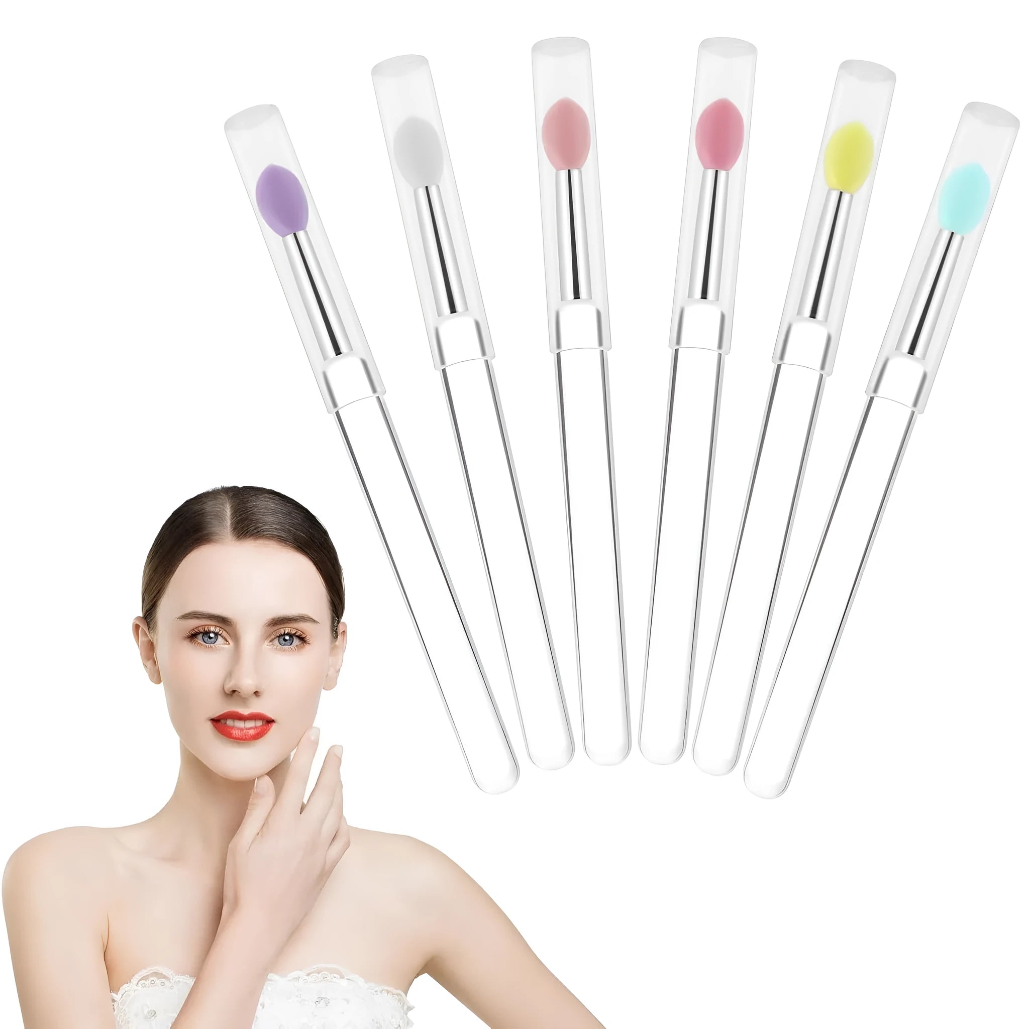 A reusable silicone lip brush with a handle and protective cap, shown in one of eight available colours.