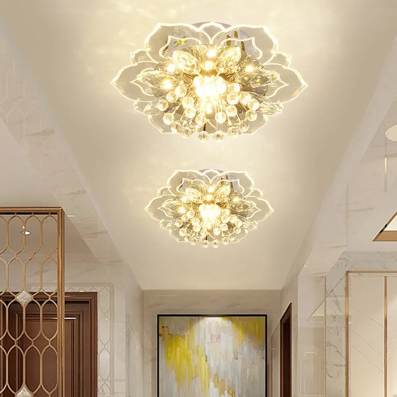 Small crystal ceiling lamp with flower-shaped shade showing concealed and exposed fitting options