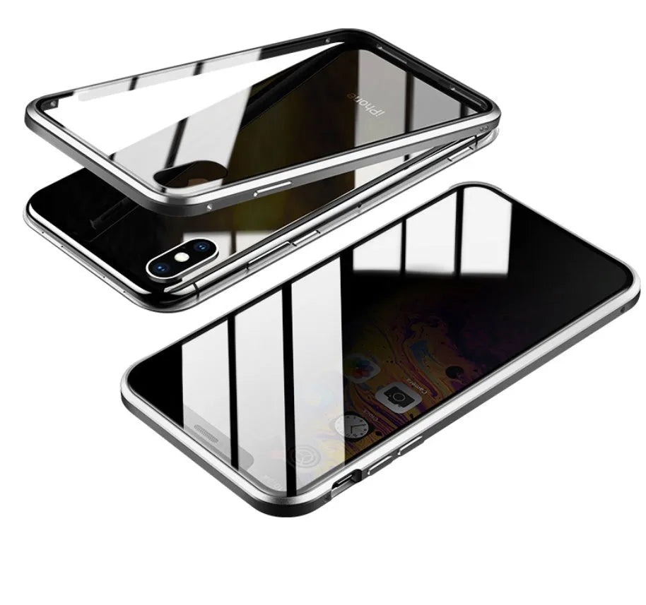 A glass clamshell anti-spy privacy case for iPhone, shown in a solid colour with a geometric design.