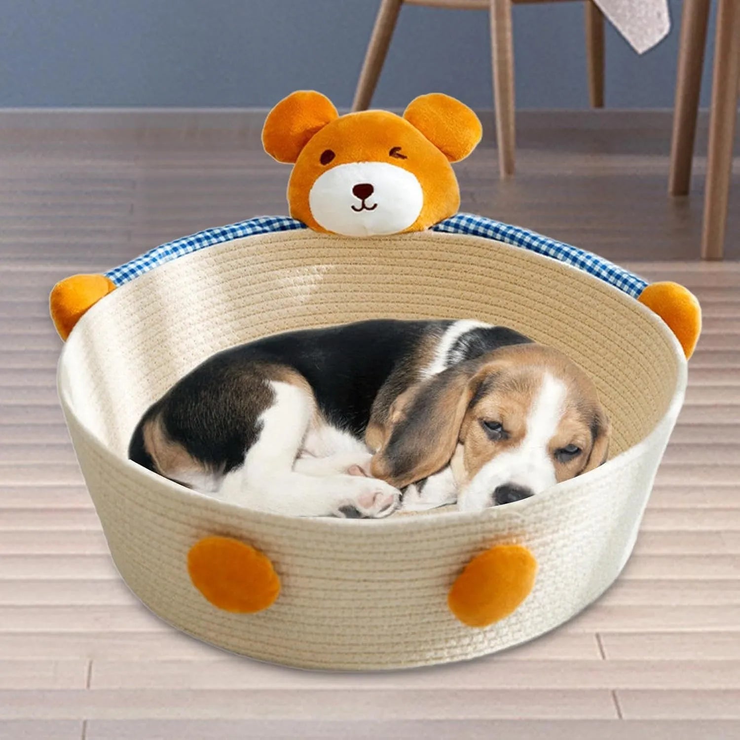 Woven cotton rope cat bed basket with scratching board in bear design for indoor furniture protection