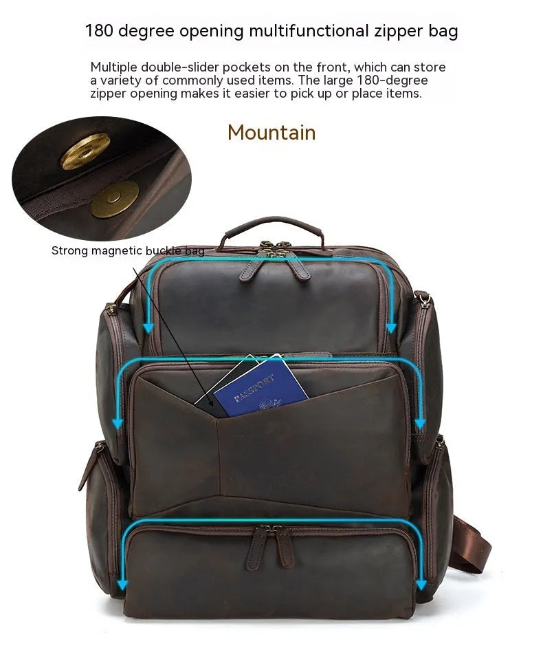 Dark brown genuine leather 17-inch laptop backpack with double shoulder straps and embossed finish