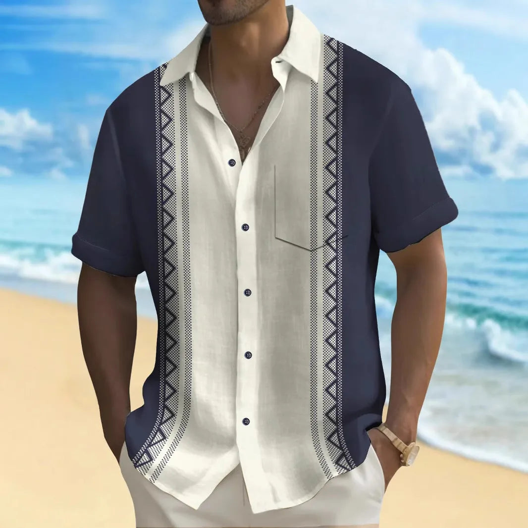 Man modelling a loose-fit printed multicolour casual shirt with a cardigan style.