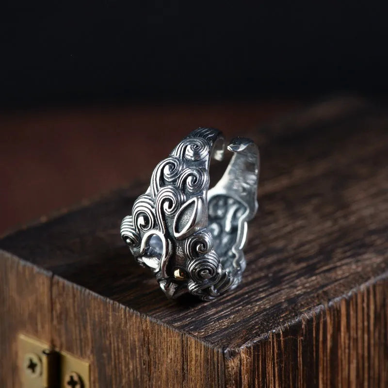 Solid silver open ring with Jibeast pattern animal zodiac design and adjustable band