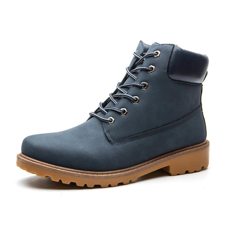 Pink high-top Martin boots with velvet lining and flat sole, shown with front lace-up.