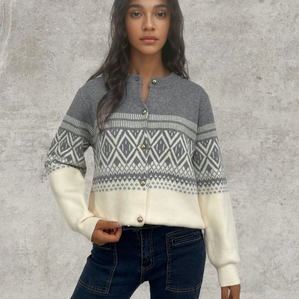 Women's red alpaca wool diamond knit cardigan with contrast colour long sleeves