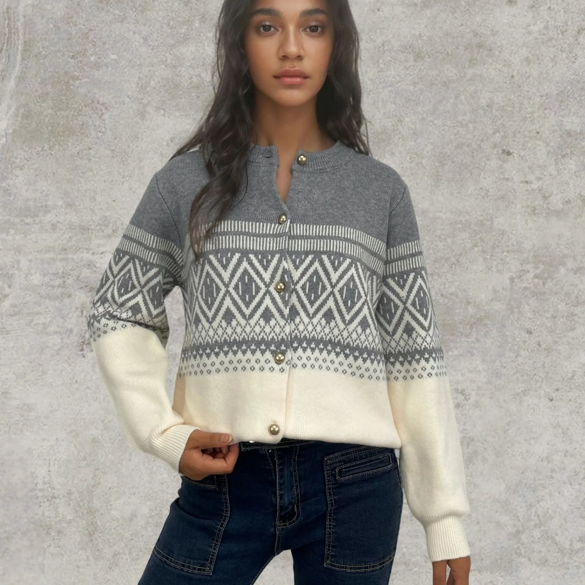 Women's red alpaca wool diamond knit cardigan with contrast colour long sleeves
