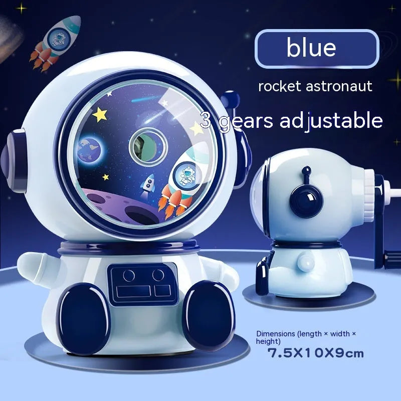 Cartoon astronaut manual pencil sharpener in blue or pink colours with three adjustable levels