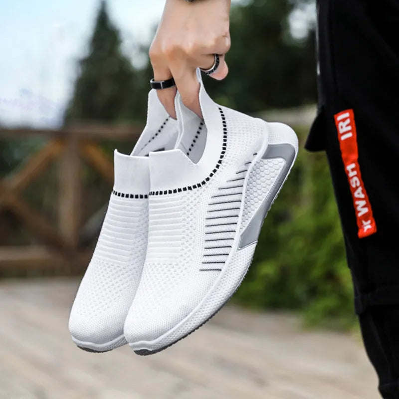 Men's striped mesh sock shoes with flyknit upper and lace-up front