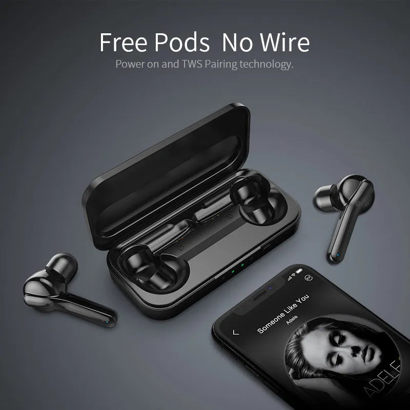Black and white True Wireless Stereo Bluetooth 5.0 earbuds with IPX5 waterproof rating.